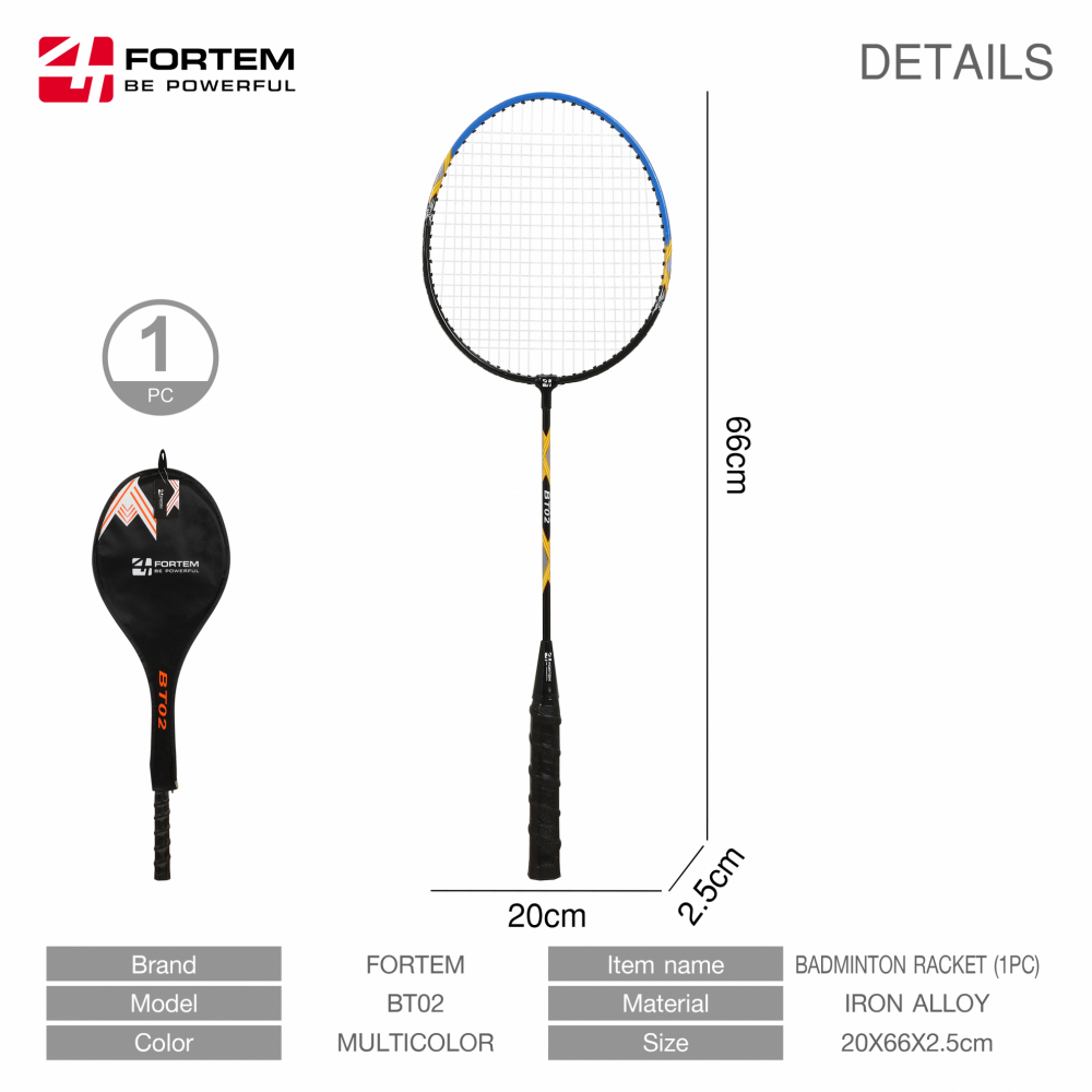 FORTEM แร็คเกตแบดมินตันสำหรับผู้ใหญ่ รุ่น BT02 ขนาด 20x66x2.5 ซม. คละสี