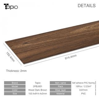 Tapio กระเบื้องยางหลังกาว 152.4x914.4x2มม. รุ่น2PBJ001 Wood Dark Brown สีน้ำตาลเข้ม (16แผ่น/2.23ตร.ม.) A.