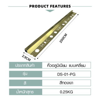 MAC คิ้วกระเบื้องอลูมิเนียม แบบเหลี่ยม ขนาด 8 มม. ยาว 2 เมตร รุ่นDS-01-PG สีทองเงา