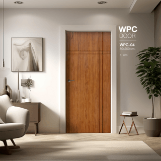 WELLINGTAN ประตู WPC บานทึบเซาะร่องดำ WPC-04 80x200ซม. สีไม้สัก (ไม่เจาะ)