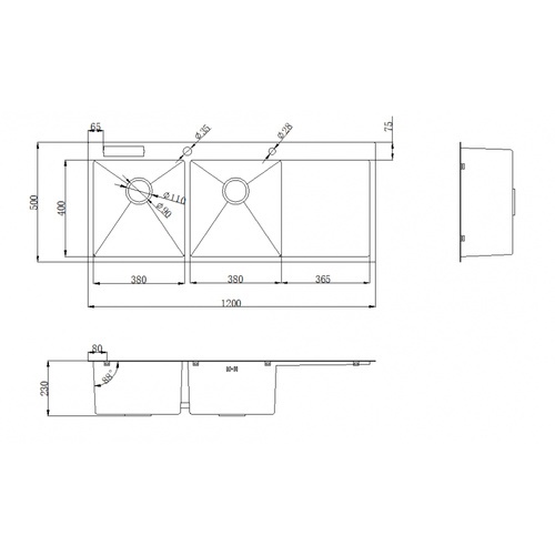 KOCH KITCHEN อ่างล้างจาน 2 หลุมมีที่พัก SUS304 HM-12050-SA