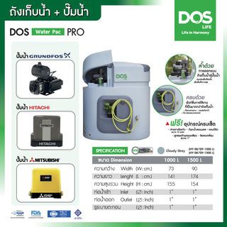 DOS ถังเก็บน้ำบนดินสีเรียบ ทรงสีเหลี่ยม พร้อมปั๊มน้ำ CMB3-37PM1 ขนาด 1500L รุ่น Water Pac Pro สี Cloudy Gray