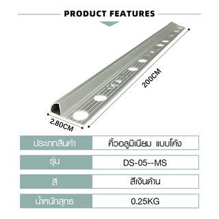 MAC คิ้วกระเบื้องอลูมิเนียม แบบโค้ง ขนาด 10 มม. ยาว 2 เมตร รุ่นDS-05-MS สีเงินด้าน
