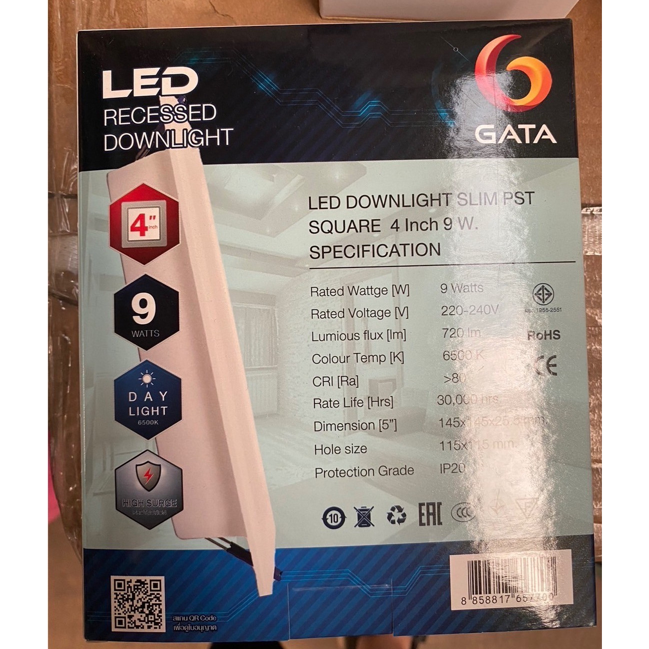 GATA โคมดาวไลท์ LED แบบฝังฝ้าหน้าเหลี่ยม ขอบสีขาว 4นิ้ว 9W รุ่น Slim1 แสงเดย์ไลท์