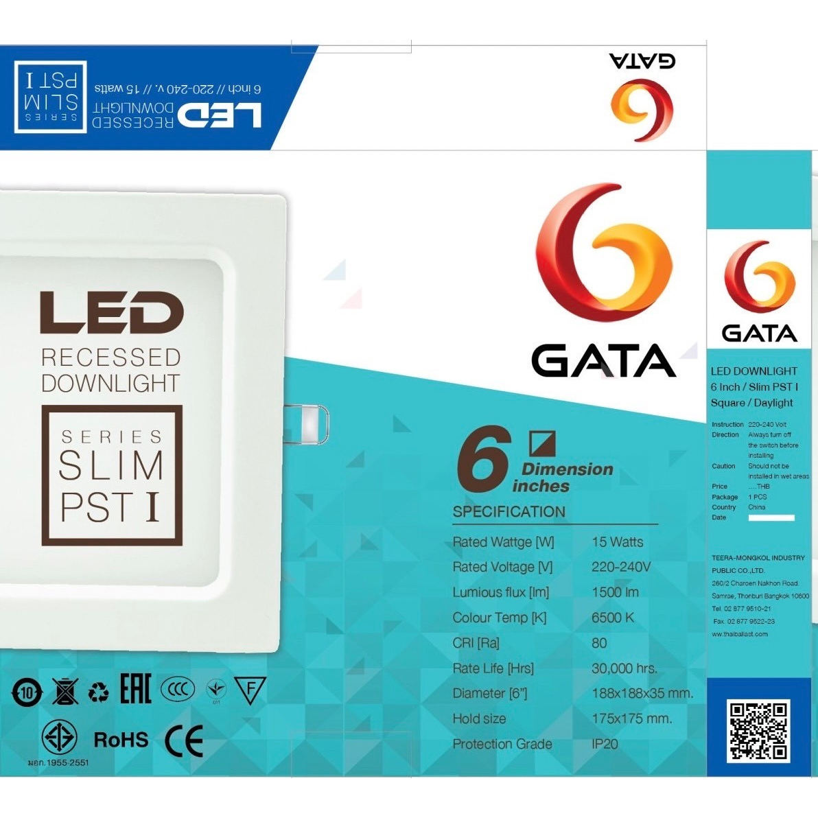 GATA โคมดาวไลท์ LED แบบฝังฝ้าหน้าเหลี่ยม ขอบสีขาว 6นิ้ว 15W รุ่น Slim1 แสงเดย์ไลท์