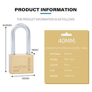 TORSTEN กุญแจคล้องทองเหลืองระบบลูกปืน 40มม. BSP-340-L (ห่วงยาว)